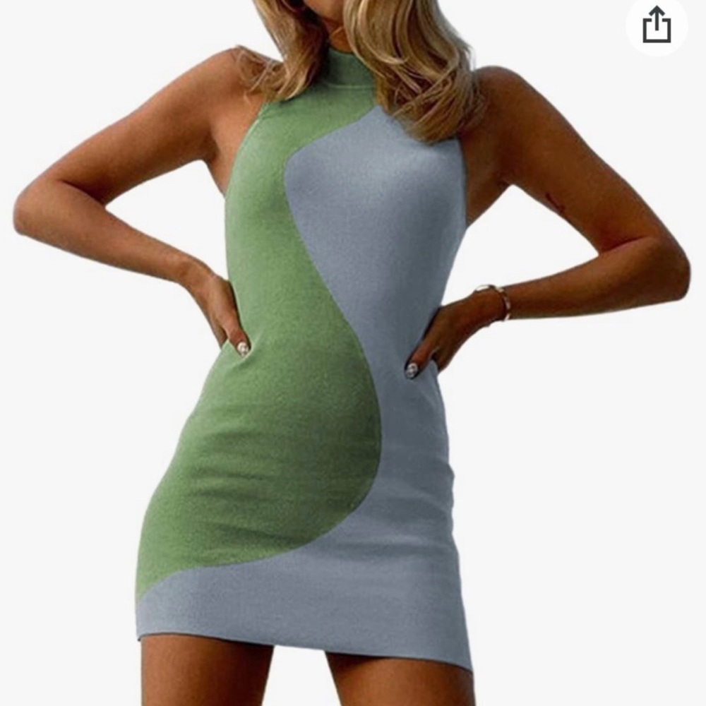 Blue and Green Swirl Color Block Mini Dress